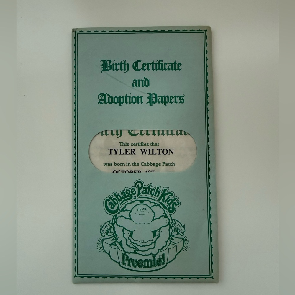 1984 Cabbage Patch Doll Birth Certificate Tyler Wilton Oct 1st